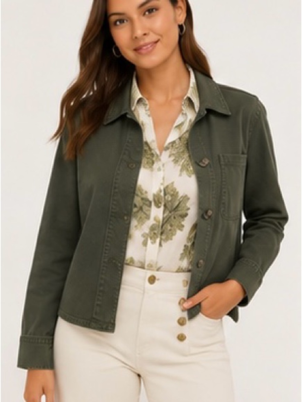 Cabi Olive Utility Jacket | Size Small | Stretch Cotton Shacket